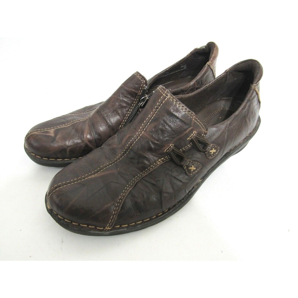 CLARKS COMFORT Slip On‎ Brown Leather Zip Fasten Loafer Women's Shoes Size 8 M